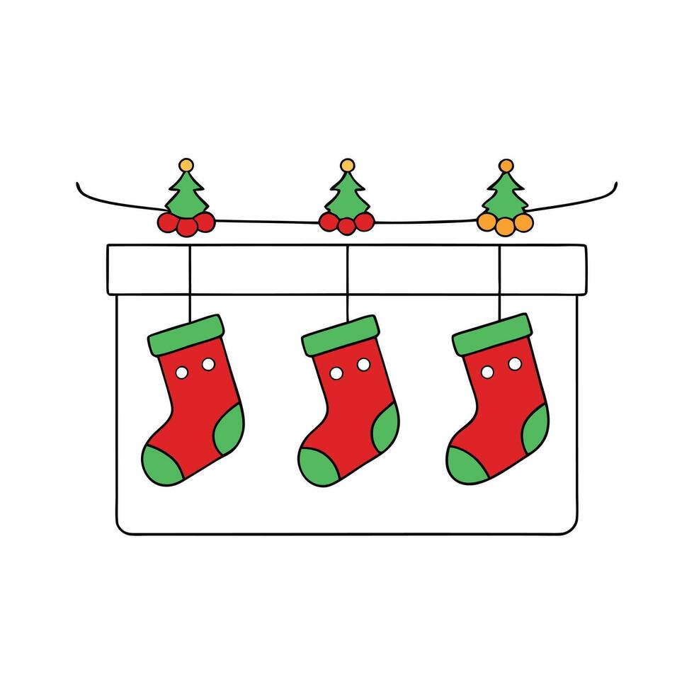 Christmas stockings hanging from a wall with red and green decorations vector