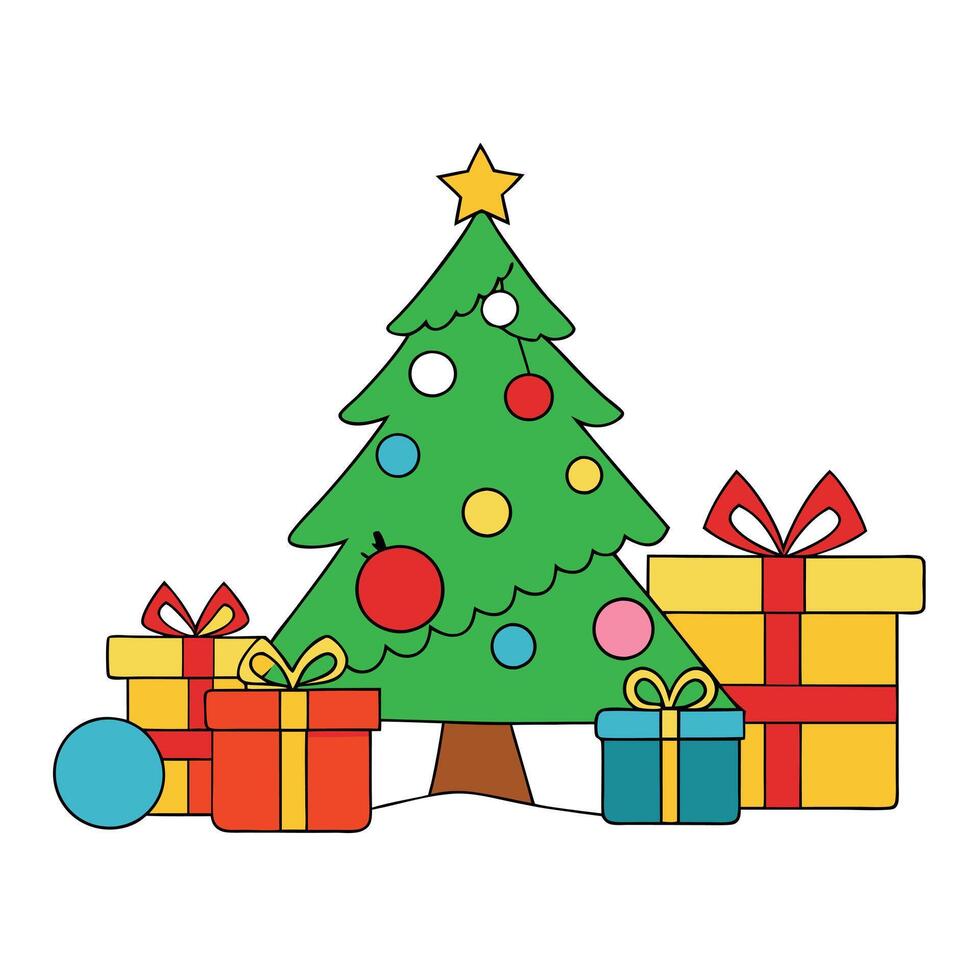 Various christmas presents under a christmas tree with ornaments. copy space. vector
