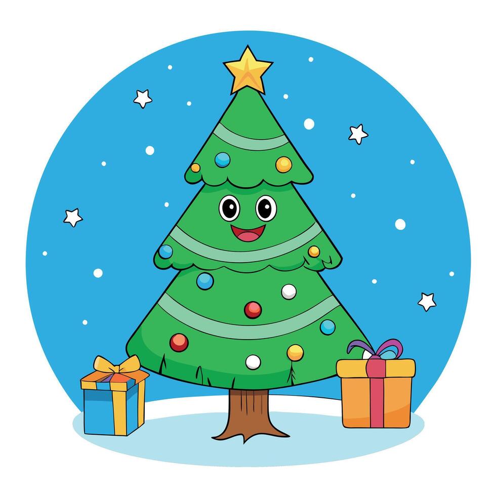 Fantasy christmas tree with gifts celebratin on blue winter background vector