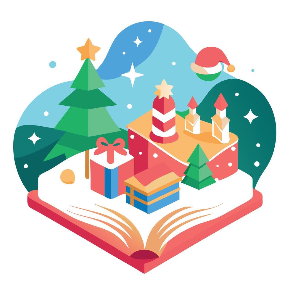 An open book with christmas decorations and gifts vector