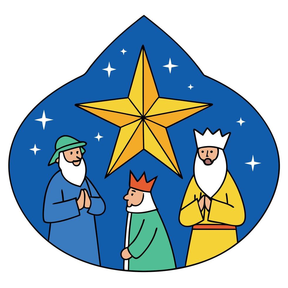 Christmas star on blue sky and three wise men. Christian illustration vector