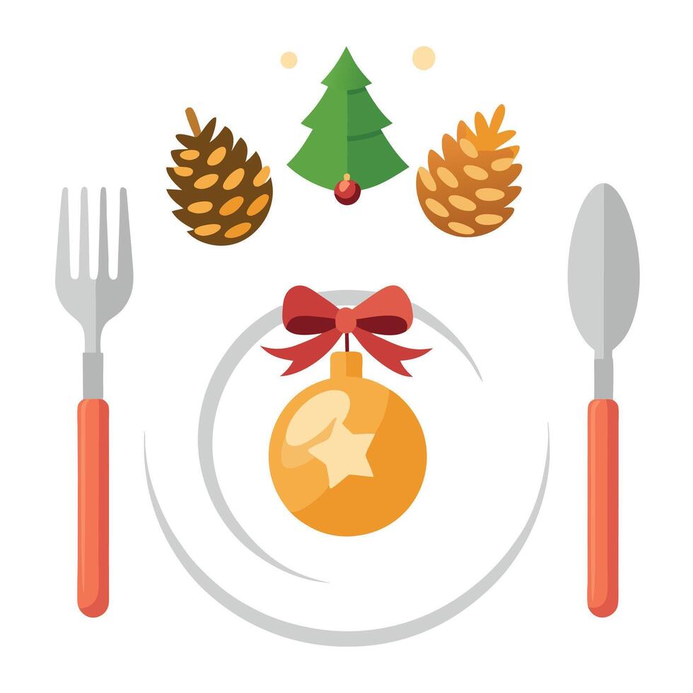Christmas table setting with fork, knife and christmas tree vector