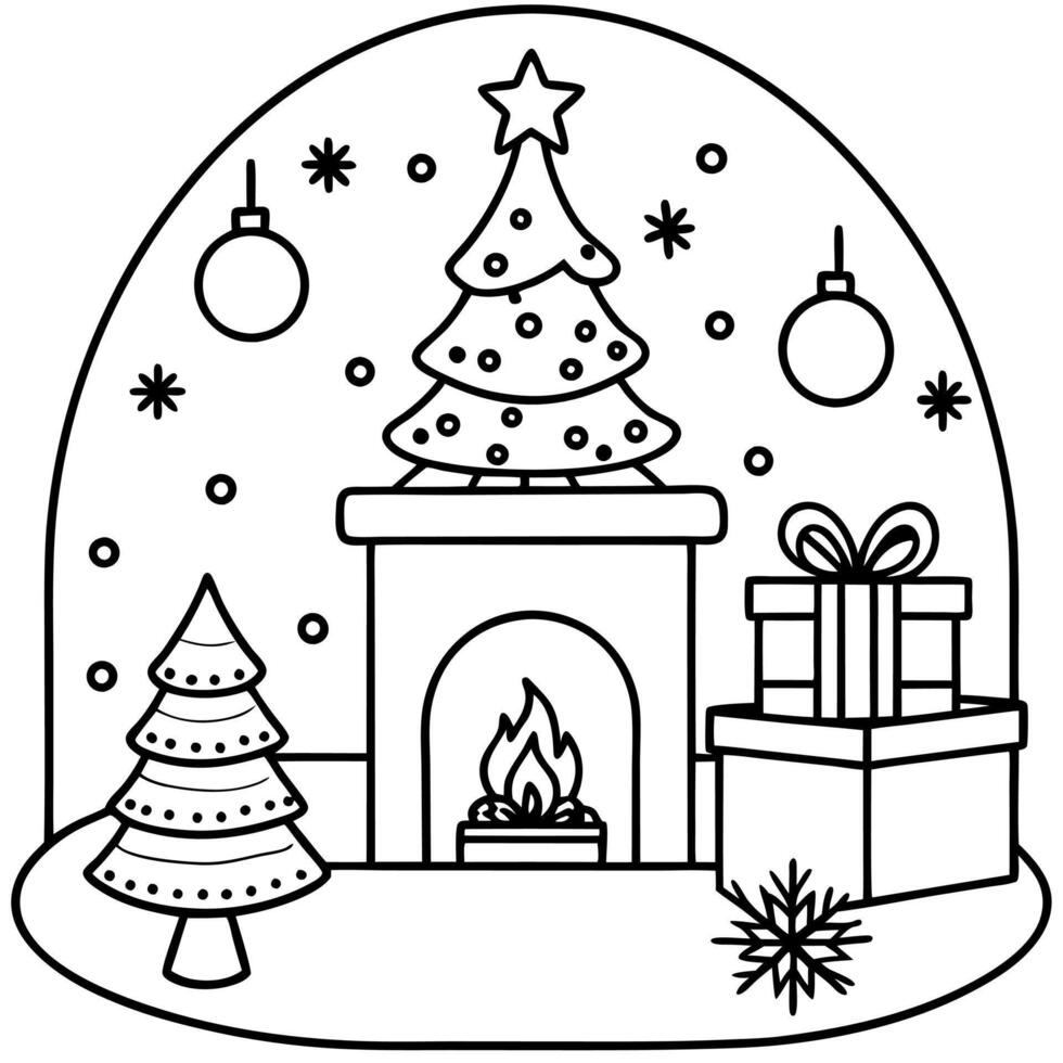 Interior christmas. magic glowing tree. fireplace gifts in dark. vector