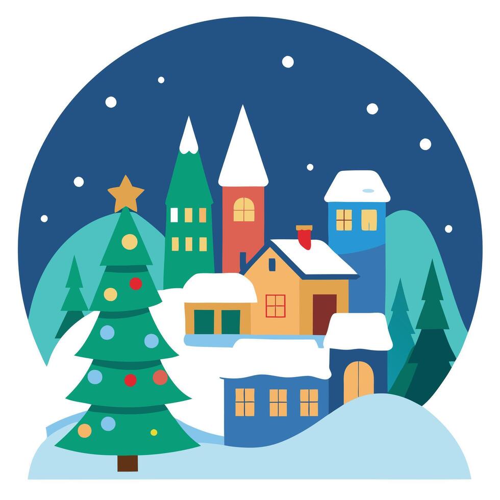 Christmas scene with snow covered town and lit up christmas tree. vector