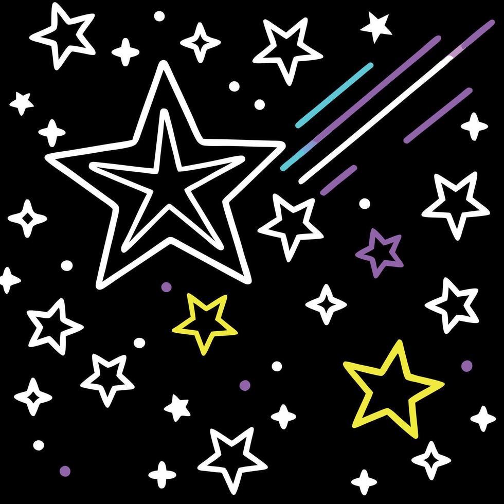 Falling multi-colored stars and shiny particles on a black background. neon light. Background image. vector
