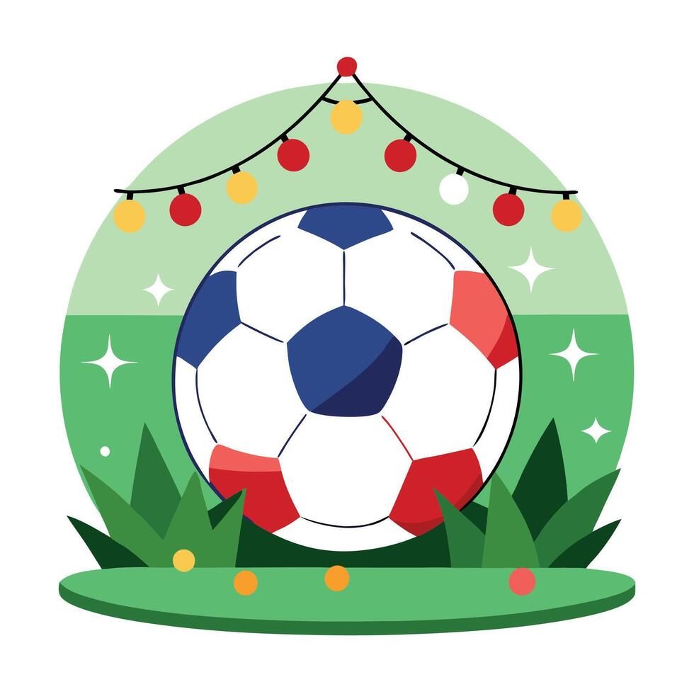 Christmas soccer ball on the grass with decorations and lights vector