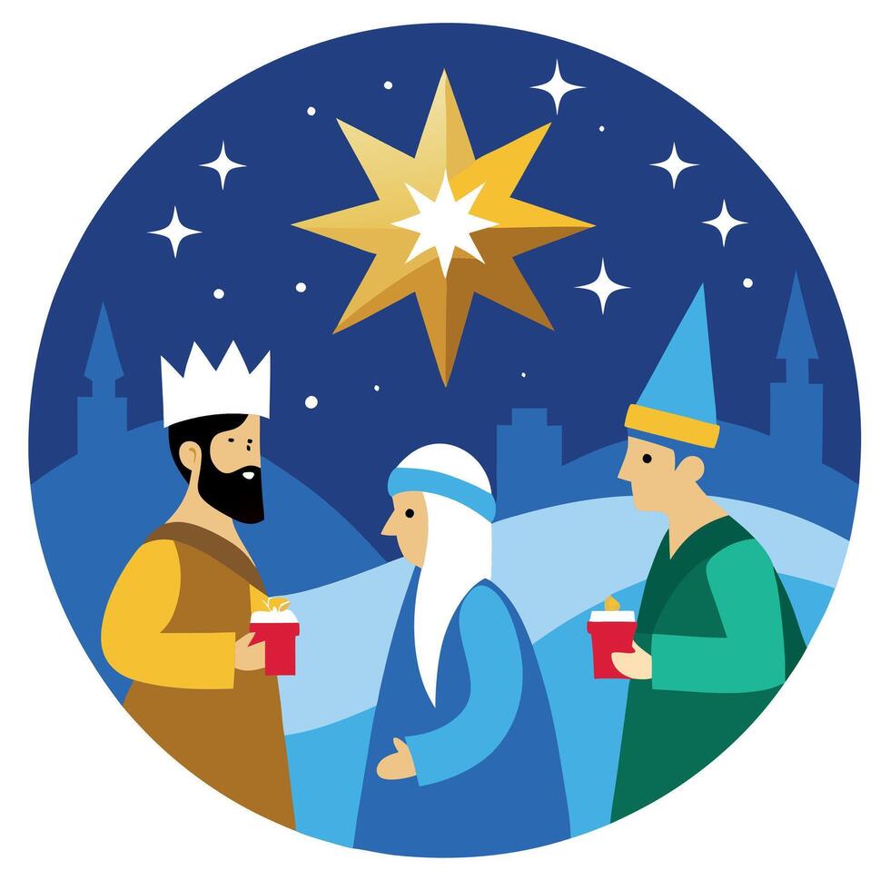 Christmas star on blue sky and three wise men. Christian illustration vector