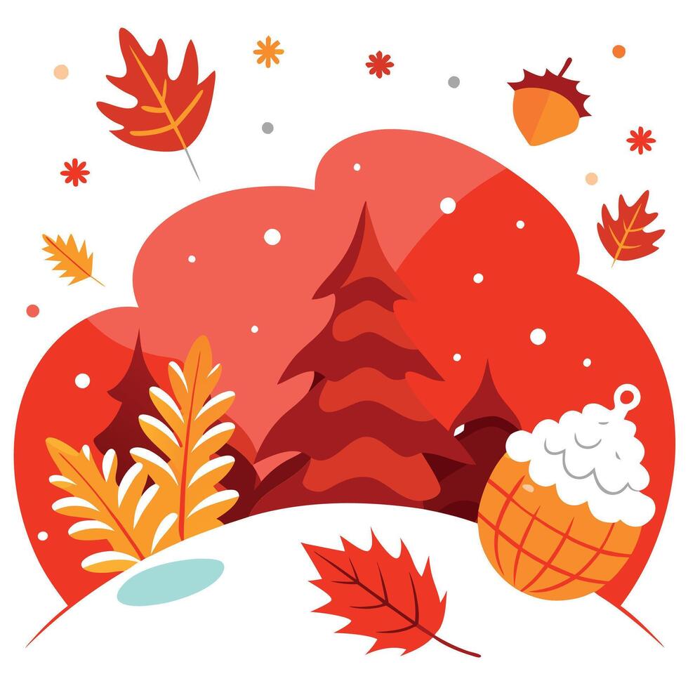 Christmas red magic background. snow. autumn leaves with pine cones . vector