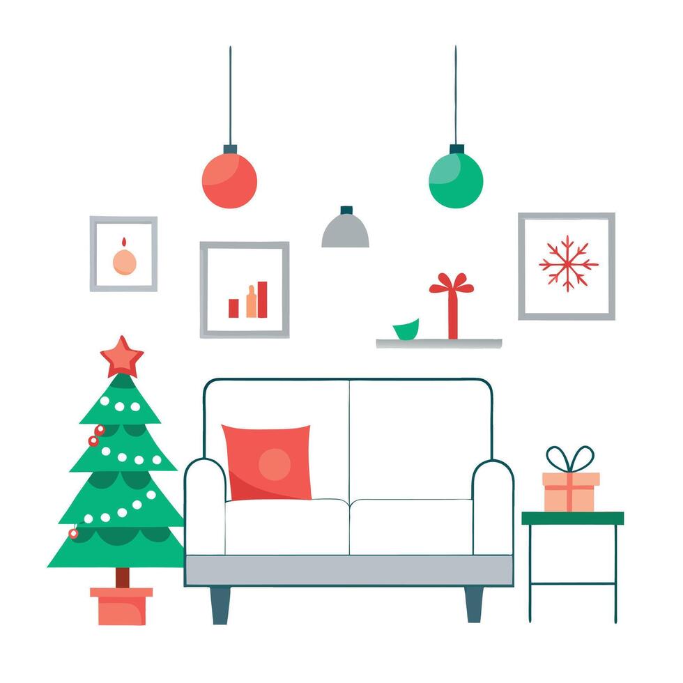 Christmas living room with christmas tree and presents vector