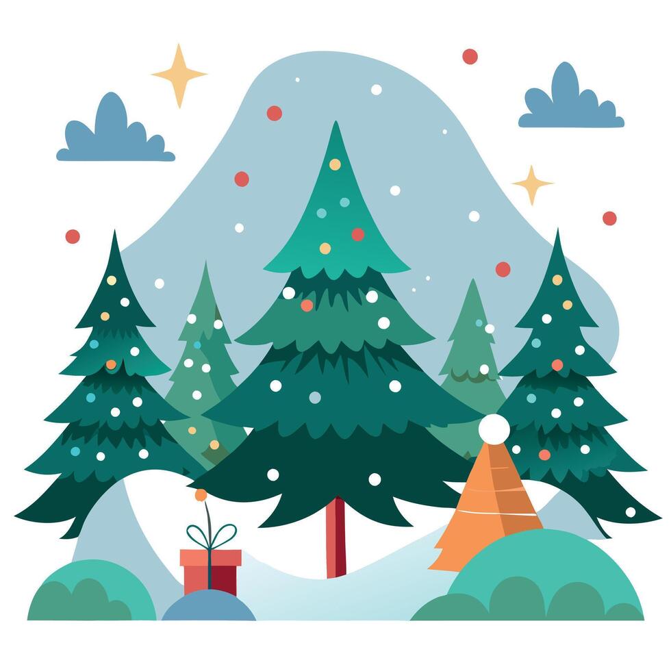 Christmas scene with winter forest. fir branches. snowflakes and lights vector