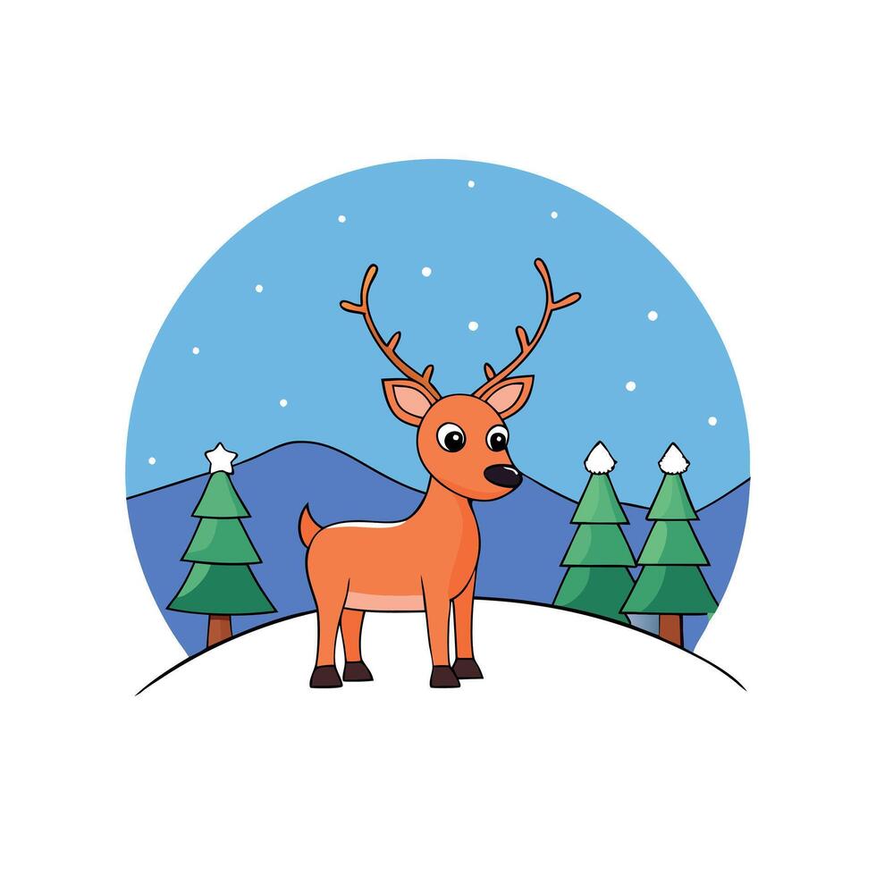 Image of reindeer in the snowy forest with Christmas light at sunset vector