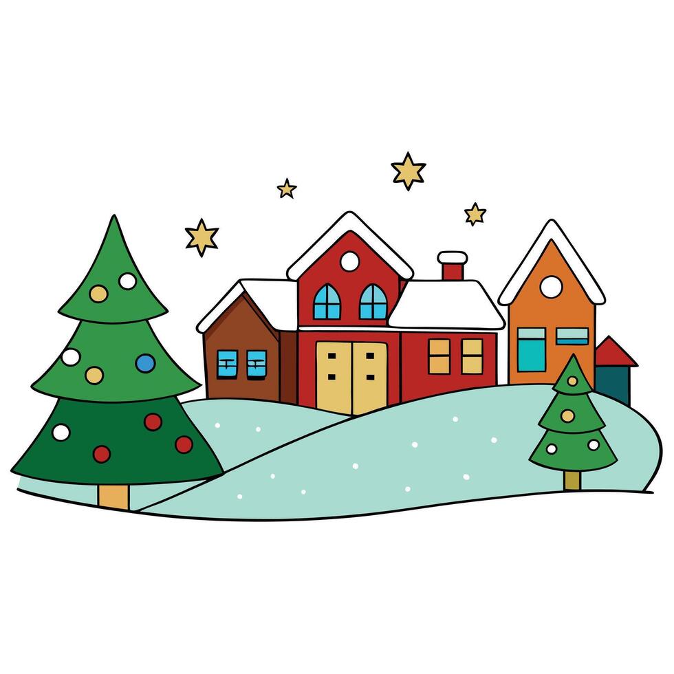 Christmas and New Year holidays background. Winter village with houses and christmas tree. vector