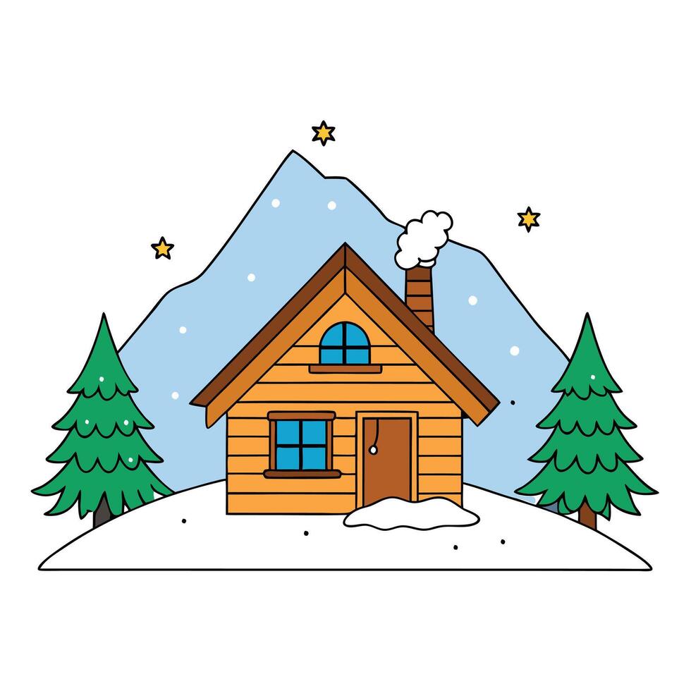 Nordic Christmas concept with a wooden cabin with a view to a winter landscape. illustrations vector