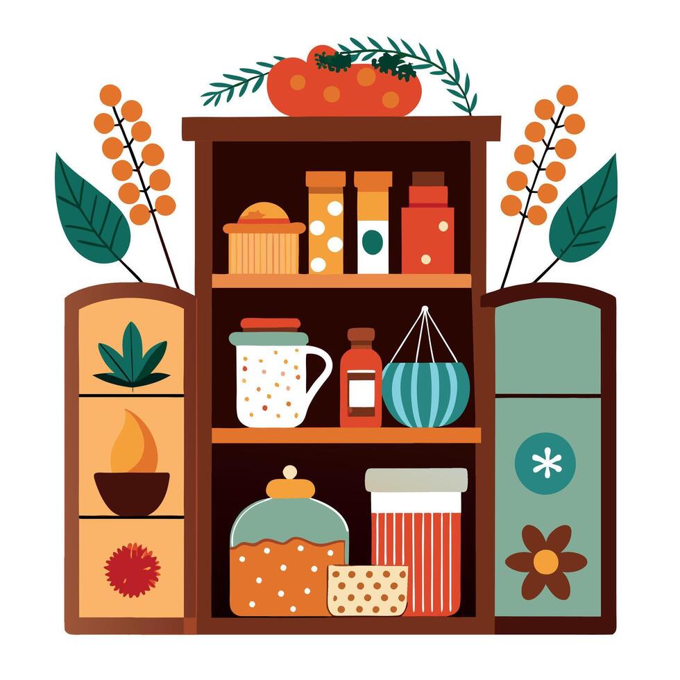 A kitchen cabinet with various items on it vector