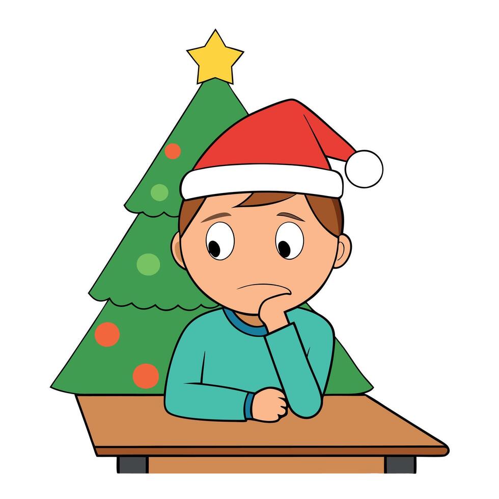 Images. Pensive serious boy wearing Santa hat and sitting at the table next to the Christmas tree vector