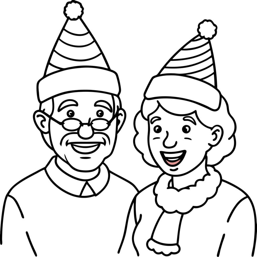 Images of happy senior couple wearing red cone caps while celebrating Christmas together at home vector