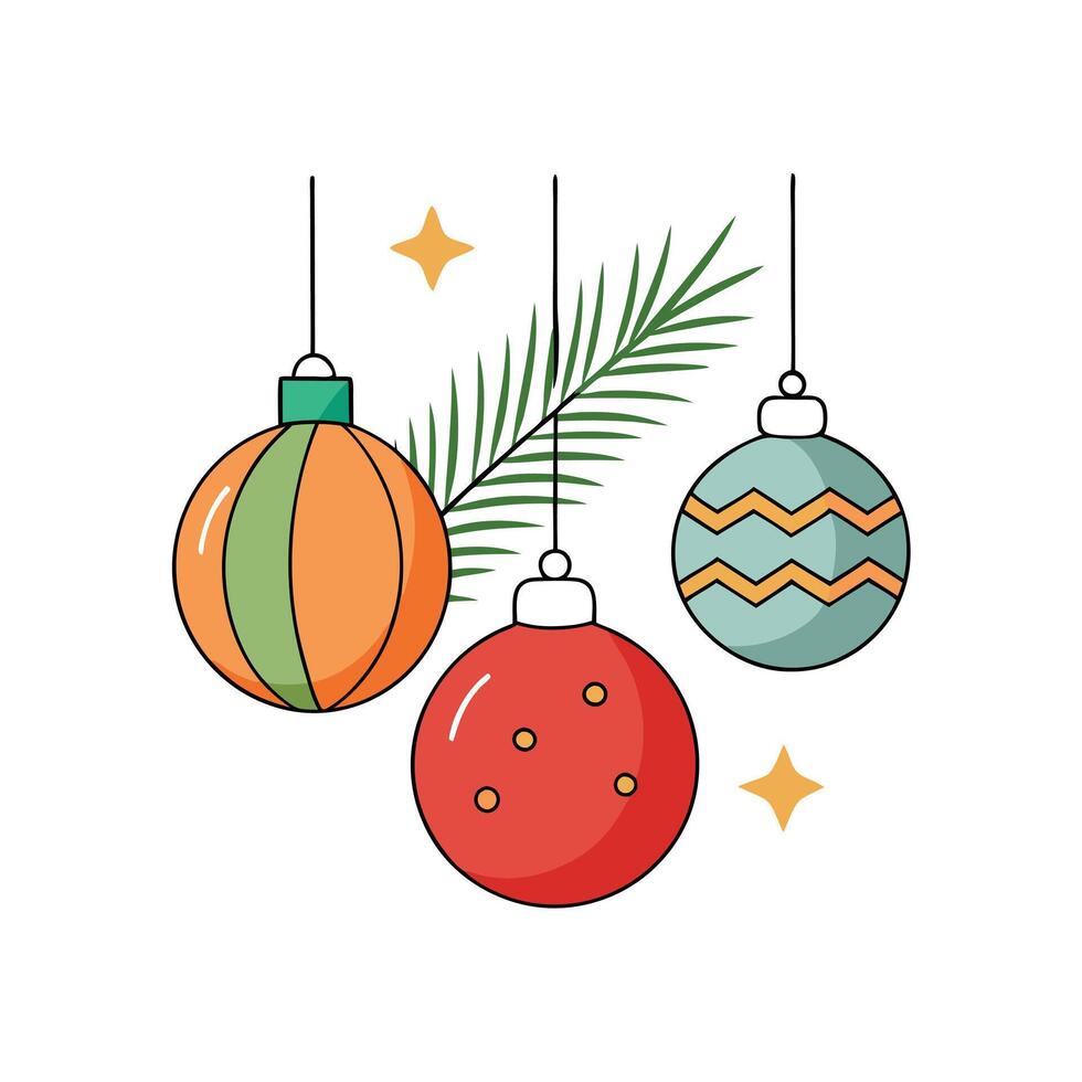 Christmas tree ornaments and pine branch on neutral background vector