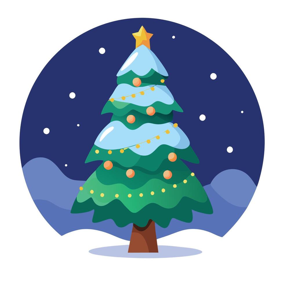 Beautiful snow covered christmas tree with glowing festive lights at night. Winter landscape. vector