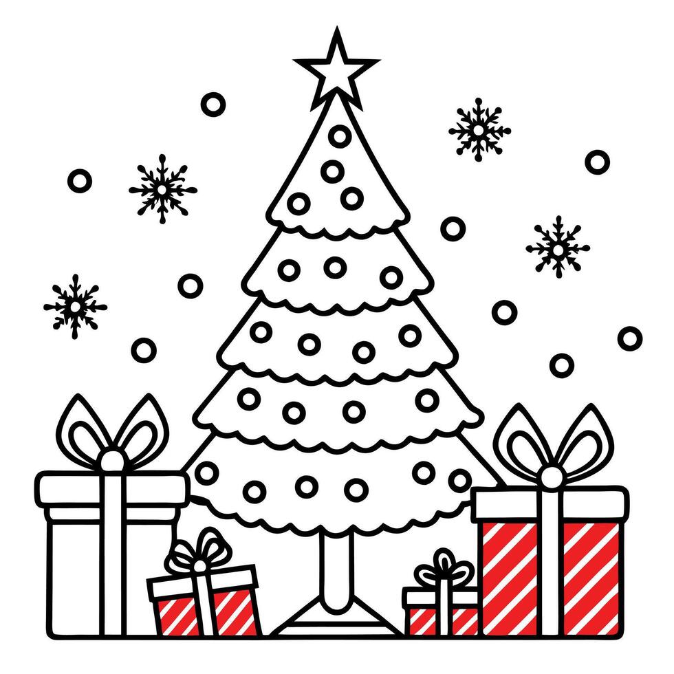 Red christmas background with decorated christmas tree and presents vector