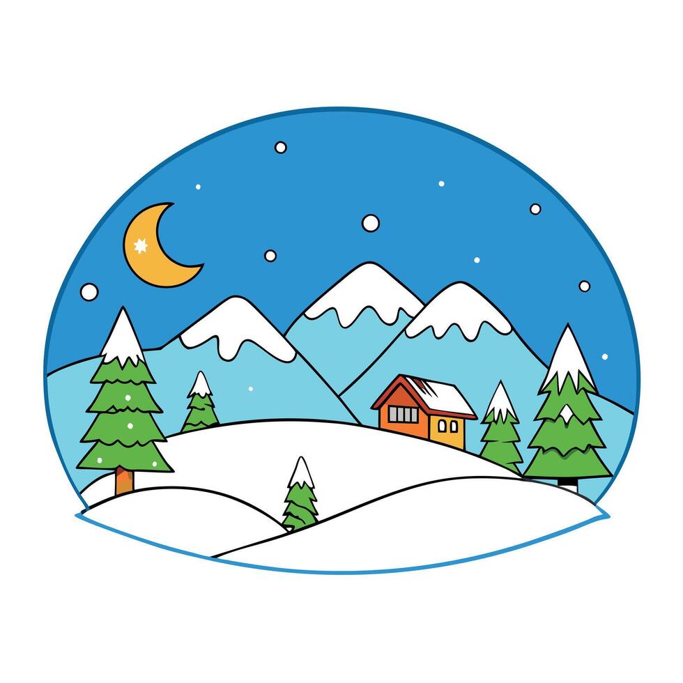 Winter landscape with snow covered mountains and house illustration vector