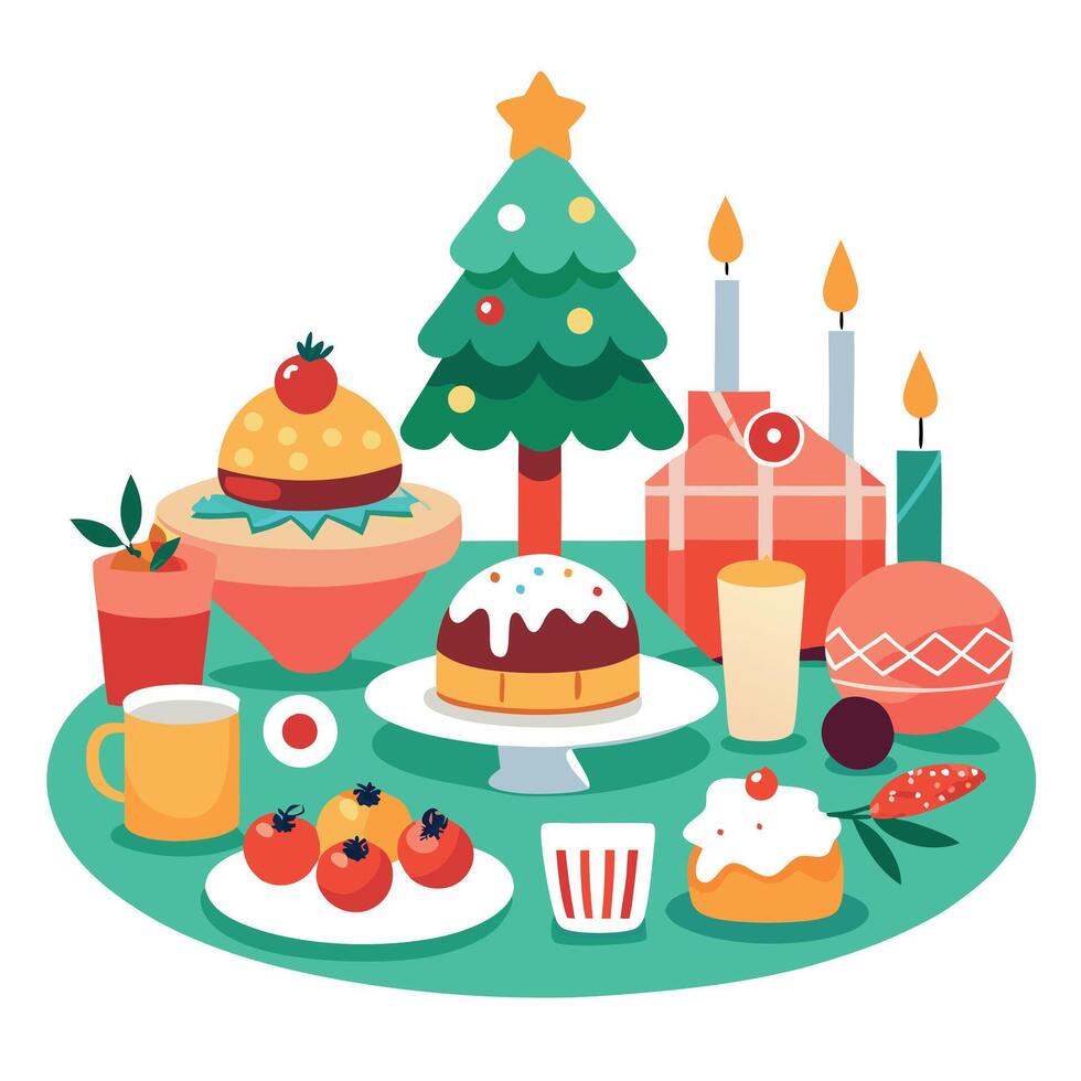 Christmas table with food and christmas tree vector