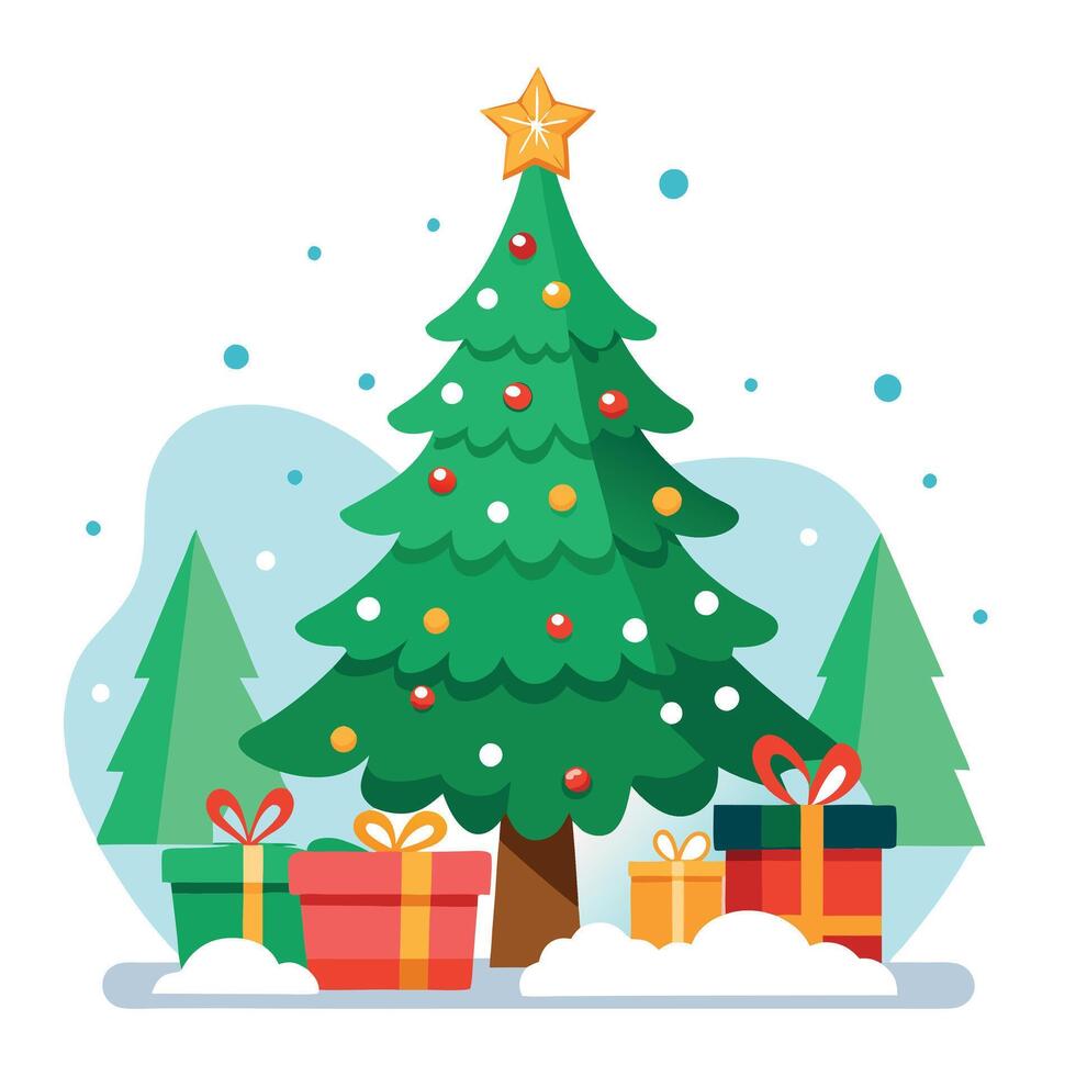 Beautiful decorated christmas tree with present boxes in a winter landscape with snow vector