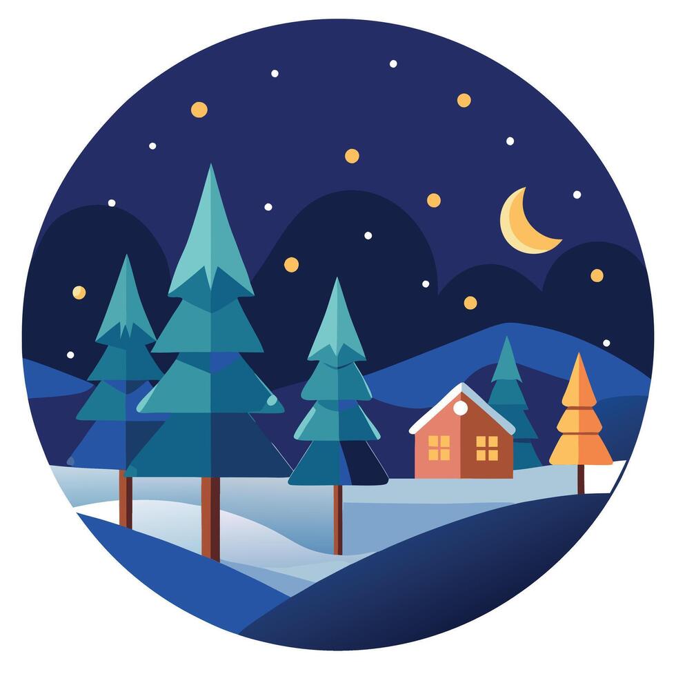Beautiful illustration of a christmas landscape with trees at night illuminated by warm light vector