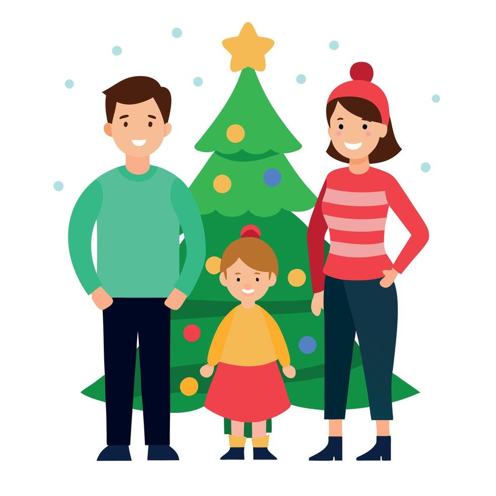 Family father. mother and little daughter near Christmas tree. vector