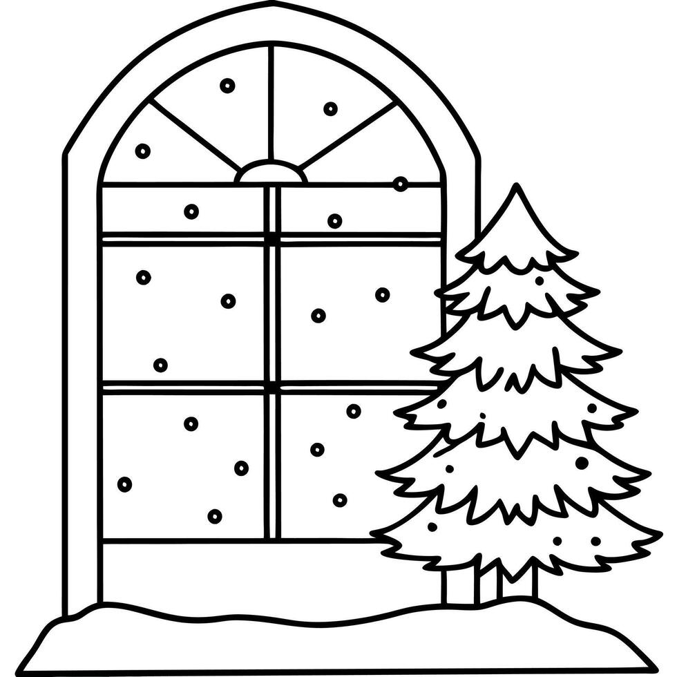 Christmas tree with snowing outside large window Christmas Background vector