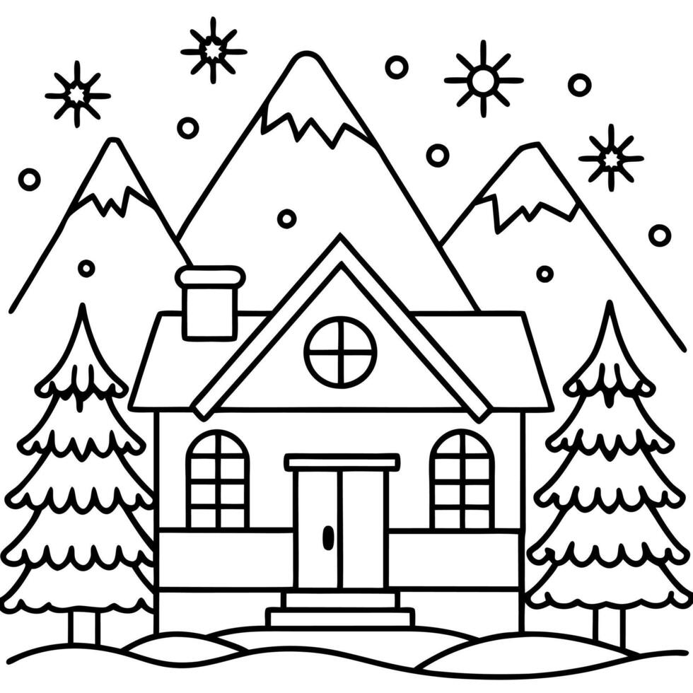 Christmas animated style house under the snow. christmas themed in the mountains vector