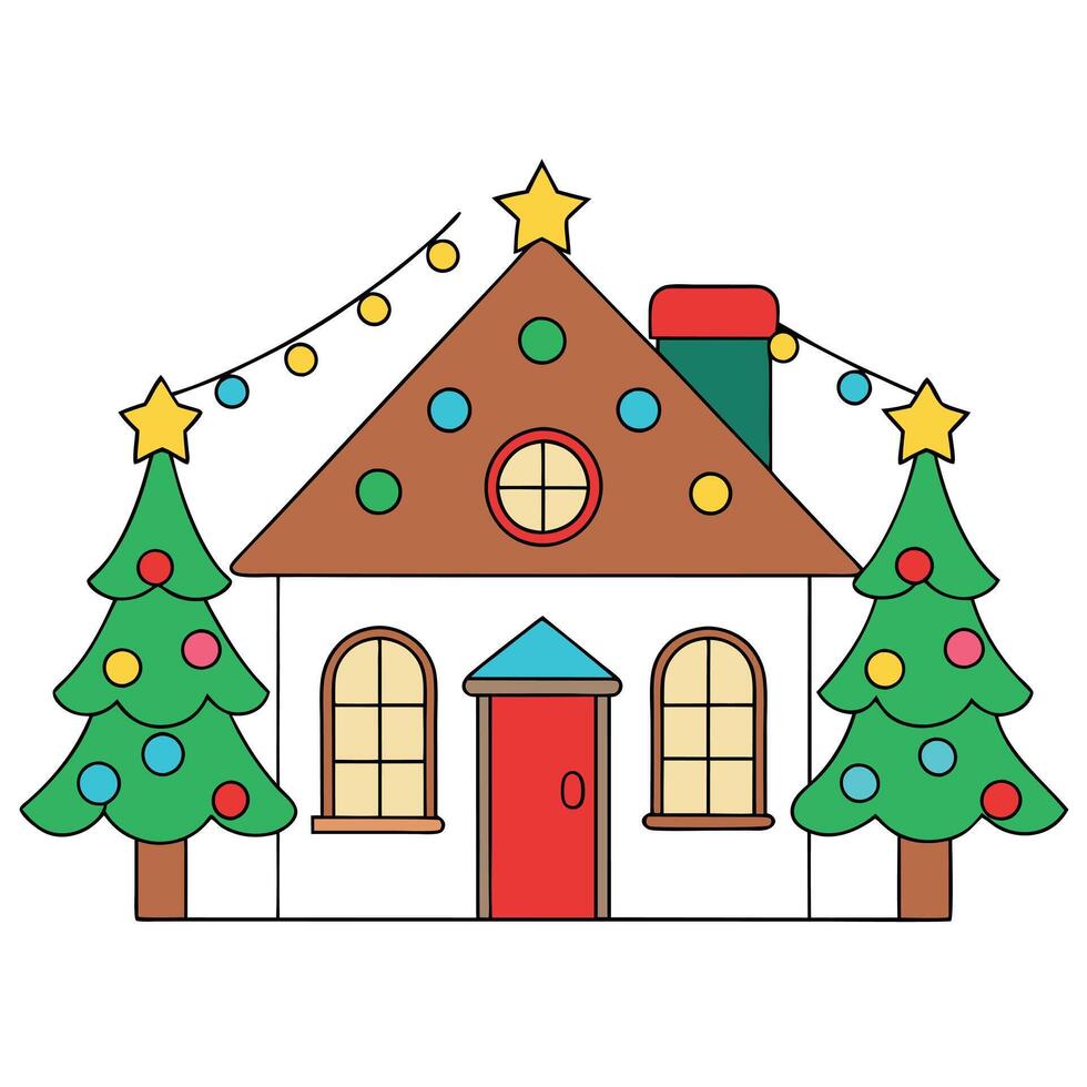Christmas decoration on house with a lot of light bulbs and several decorated christmas trees. vector