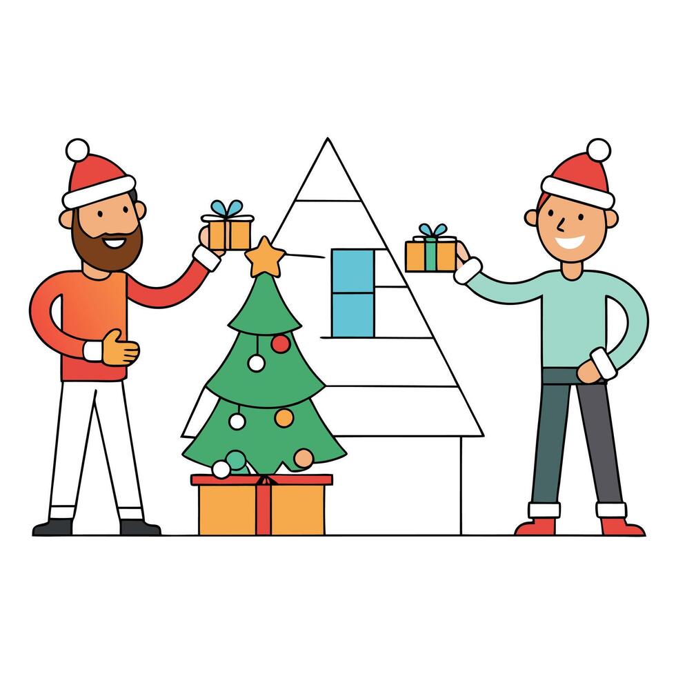 Two diverse happy man preparing for christmas decorating home. vector