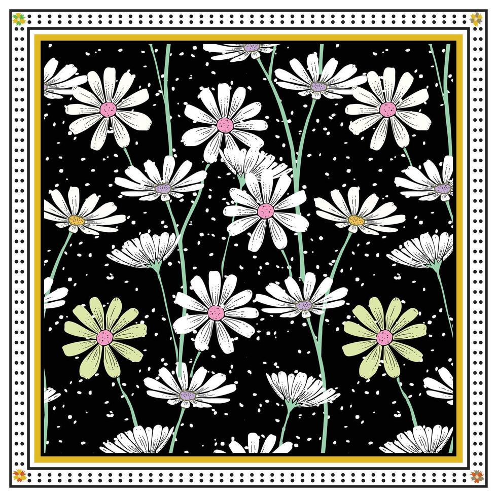 White Flower with Doted Black Texture, Square Shape Scarf with Border vector
