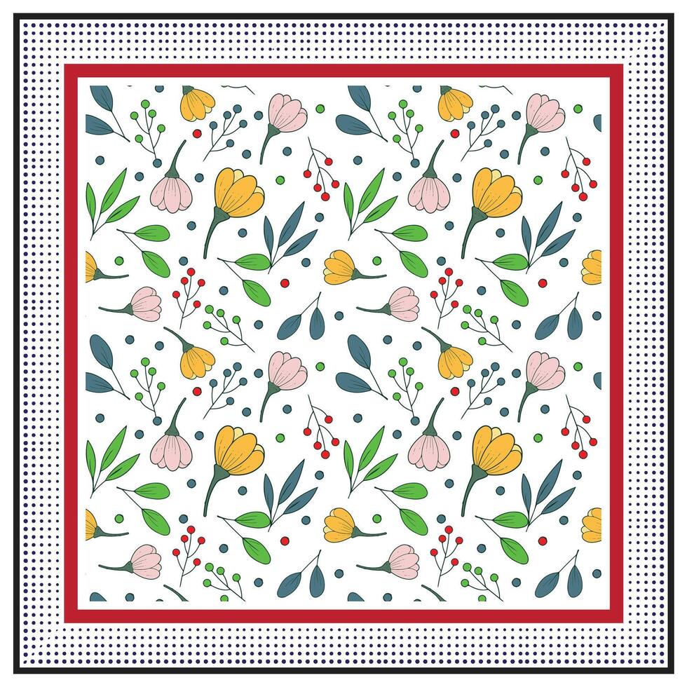 Square Shape Scarf Yellow flower and leaf with white background base, Geometric Border. vector