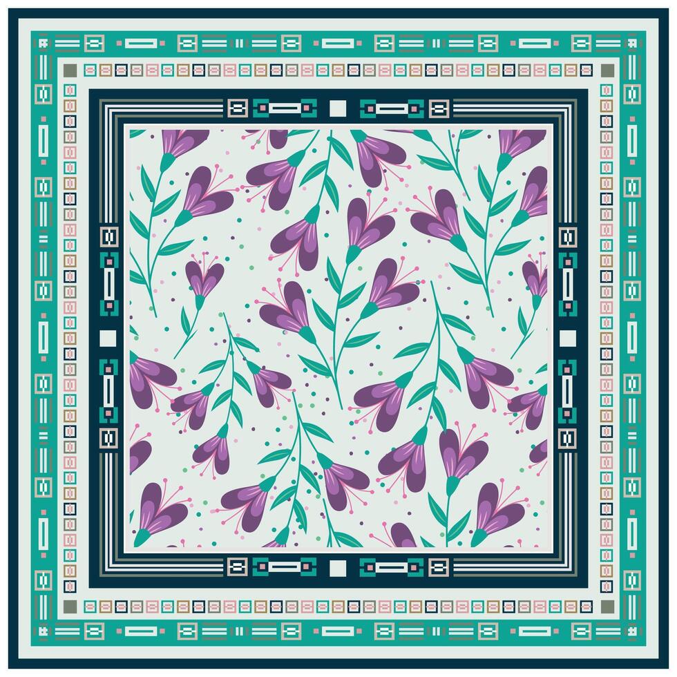Hand drawn flower seamless pattern with Purple Flower and Leaf with Square Border Pattern vector