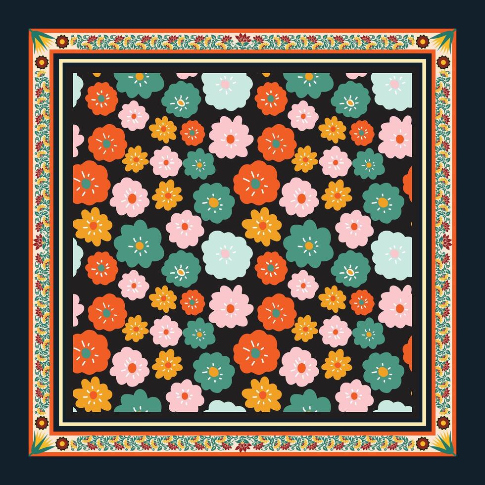 Square Ditsy Flower Print Pattern with Dark Background Placement. vector