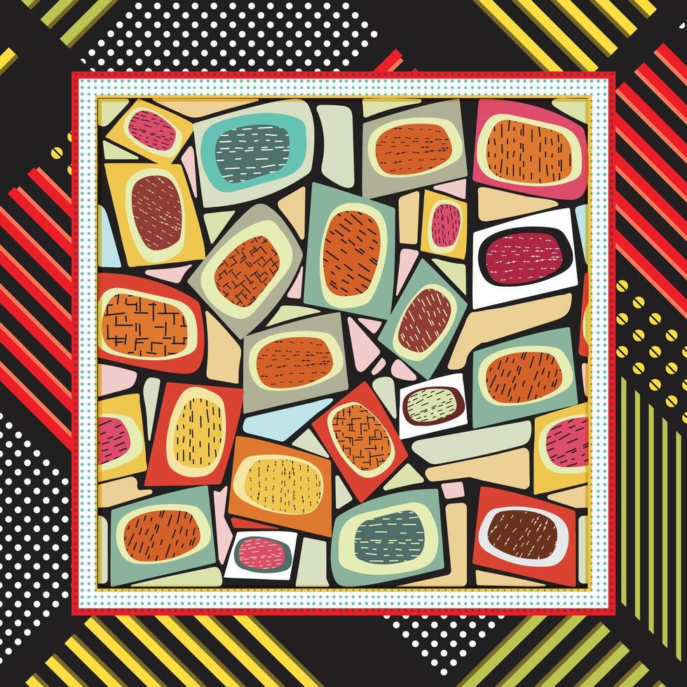Mid Century Retro Art Print, Abstract Background with Textured Surface, Bold Line and Dot Border. vector