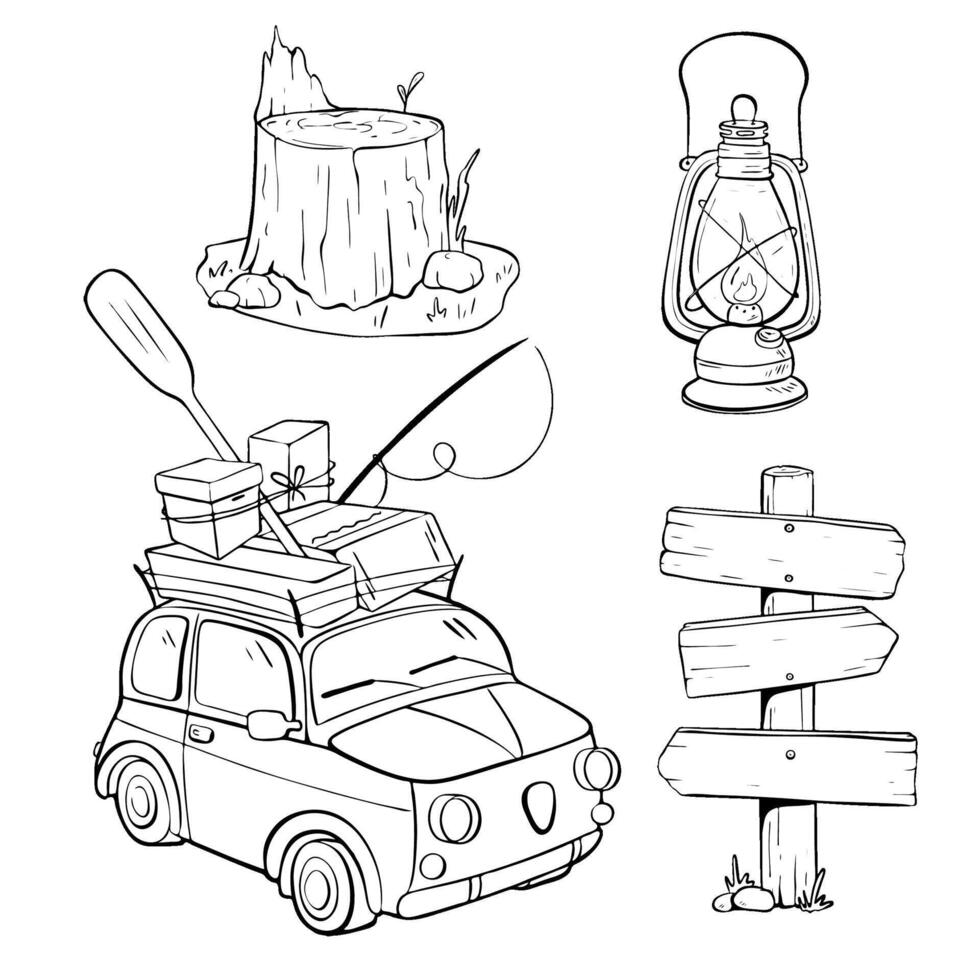 Essentials for an Unforgettable Camping Adventure Car, Lantern, and Signpost for Guidance. sketch illustration. Tourism vector