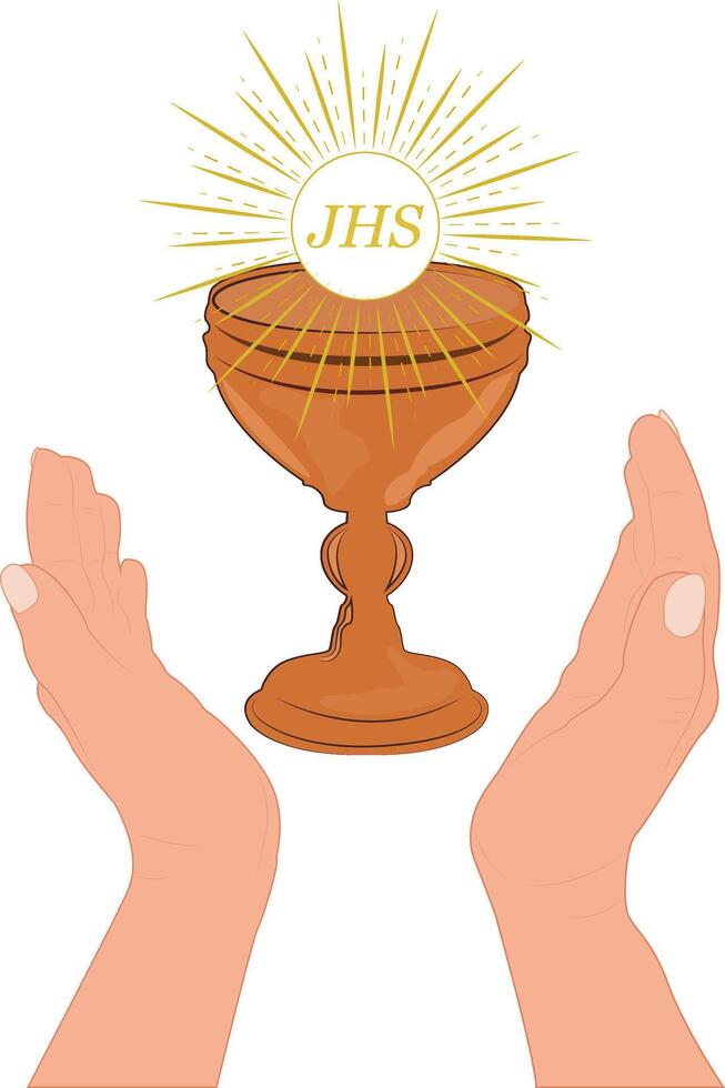 Holy Gifts. Bread and a cup of wine. Hands in prayer. vector