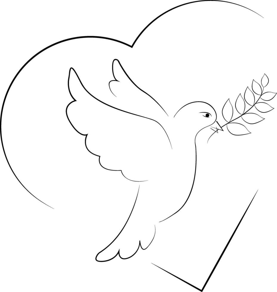 Heart and dove of peace with olive branch. Bird of happiness. vector