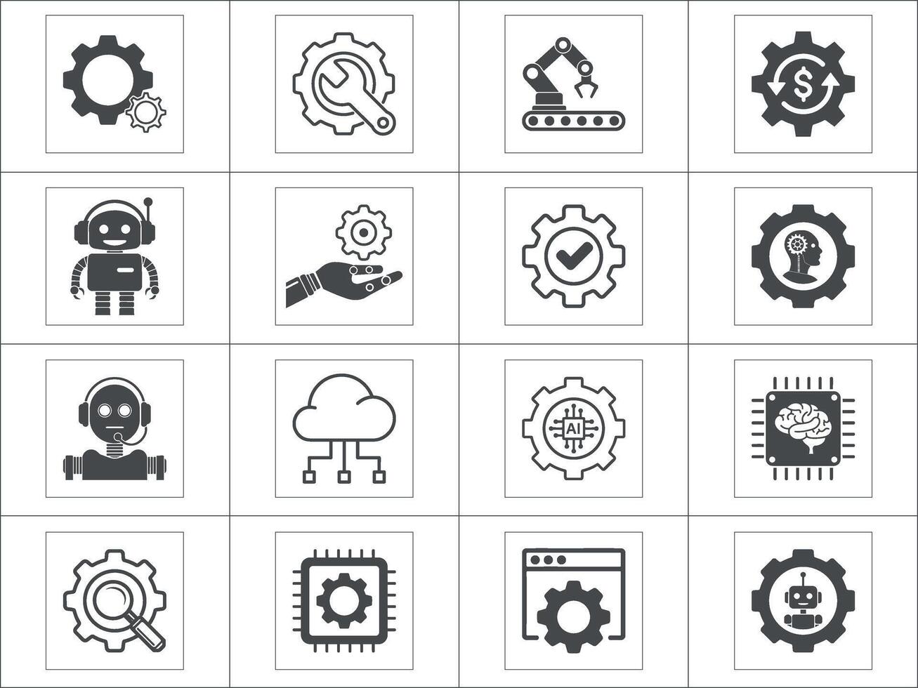 Automation Technology, AI Icons sets Robots, Gears, AI, and More vector