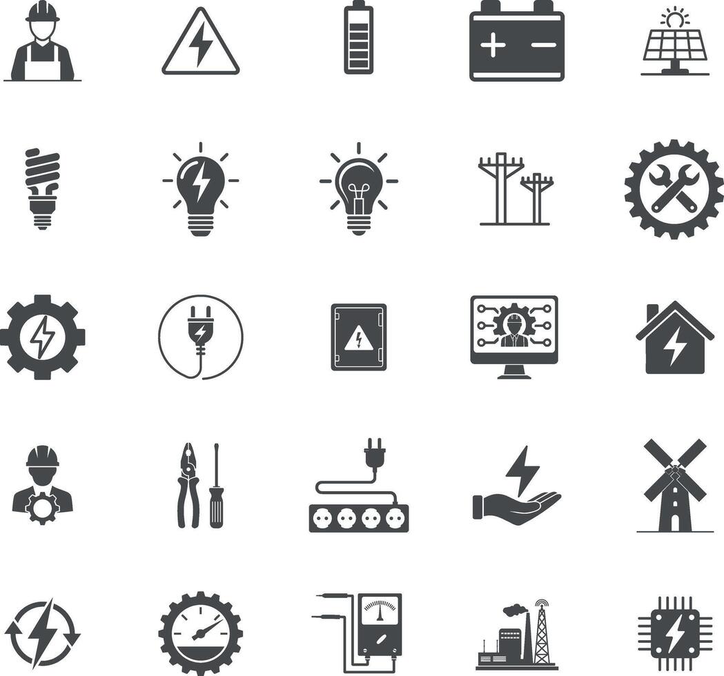 Electricity Power Energy Engineer Technician Icons Set Design. vector