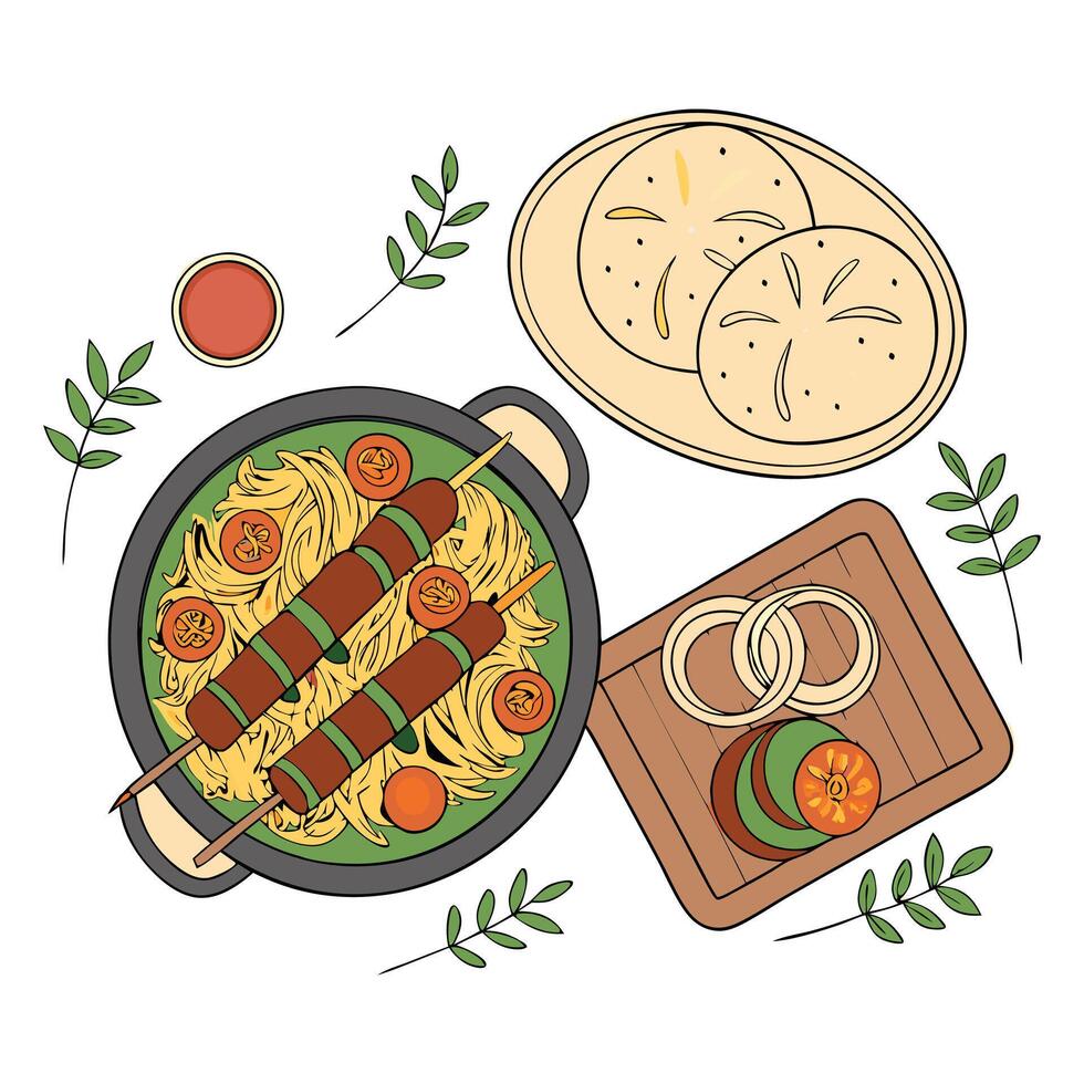 A plate with food and a bowl of noodles vector