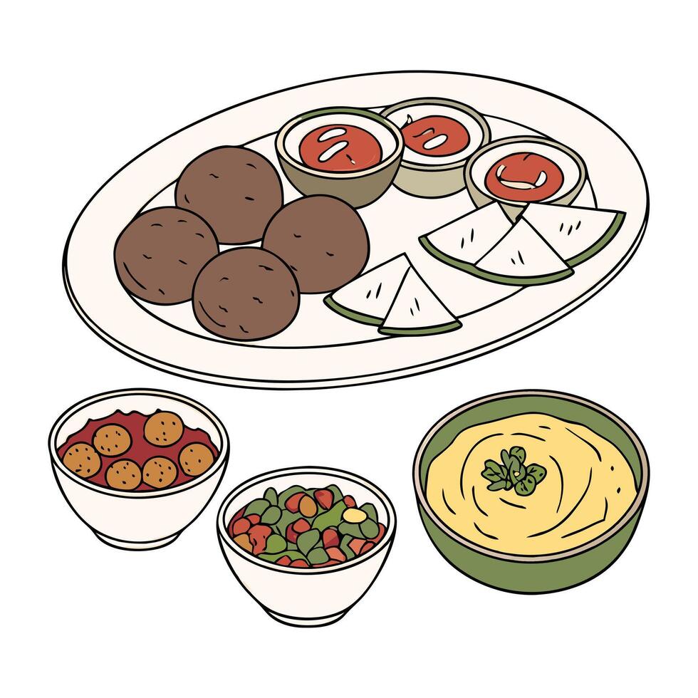A plate with various foods and a bowl of sauce vector