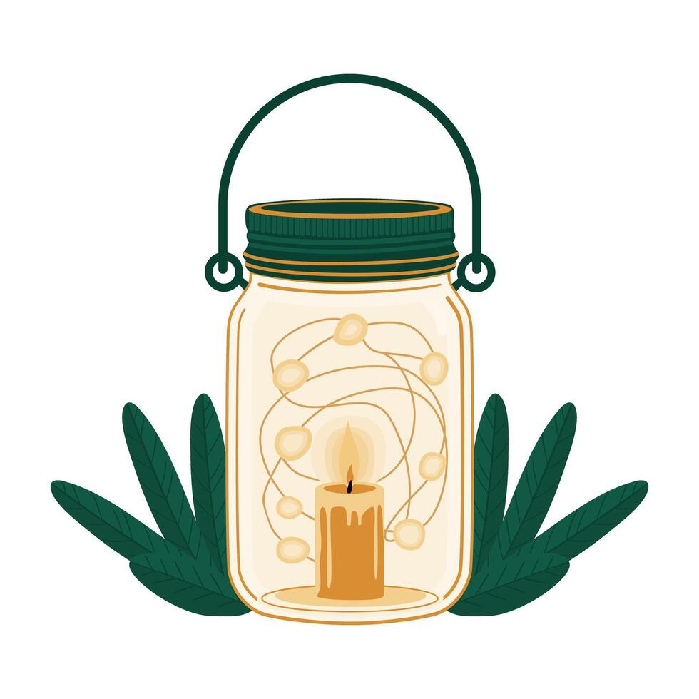 a jar with a candle and leaves on it vector