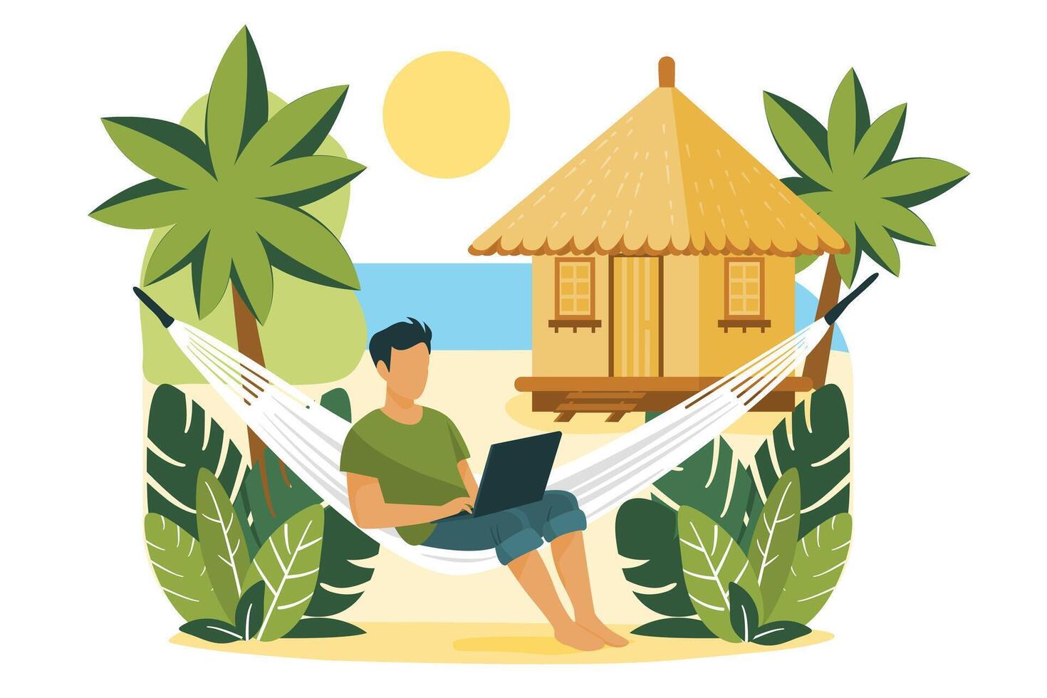 Remote Work on Hammock with Laptop and Beach Hut tropical paradise scene vector