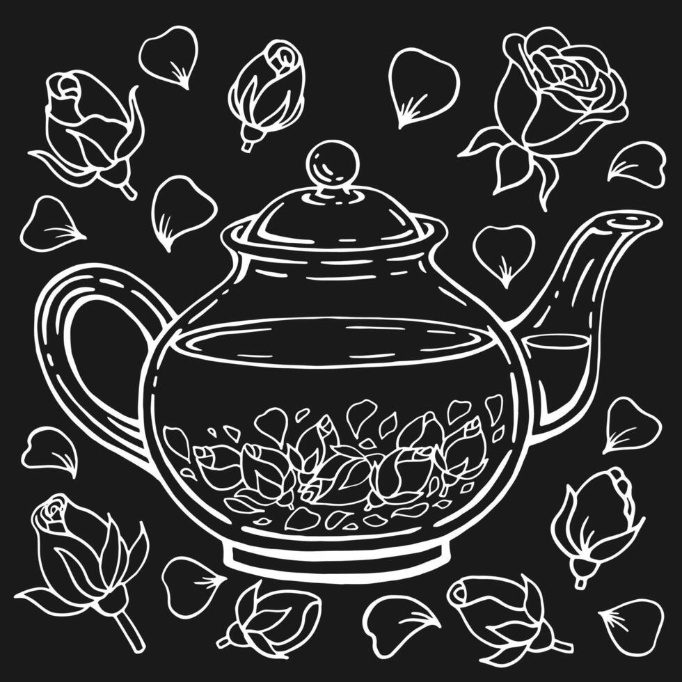 Set with glass teapot, rose. Hand drawn illustration in outline style. vector