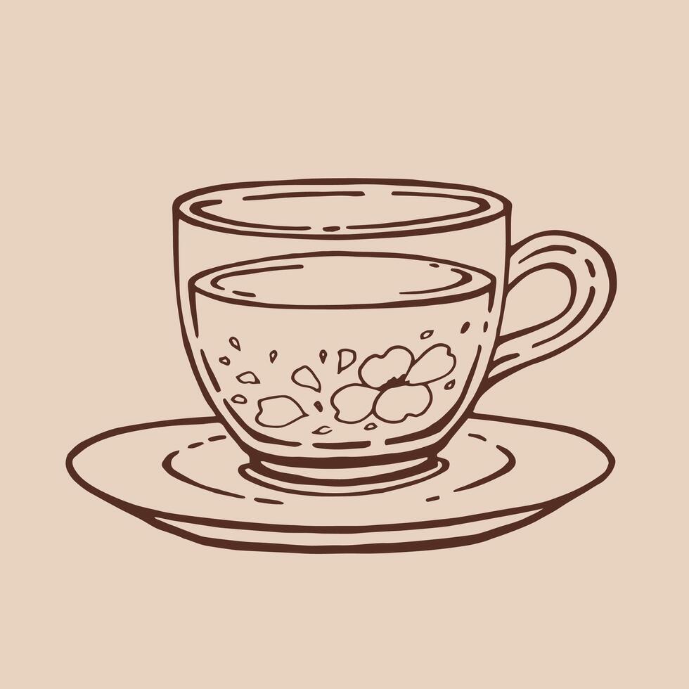 Cup of tea with jasmine. Hand drawn illustration in outline style. vector