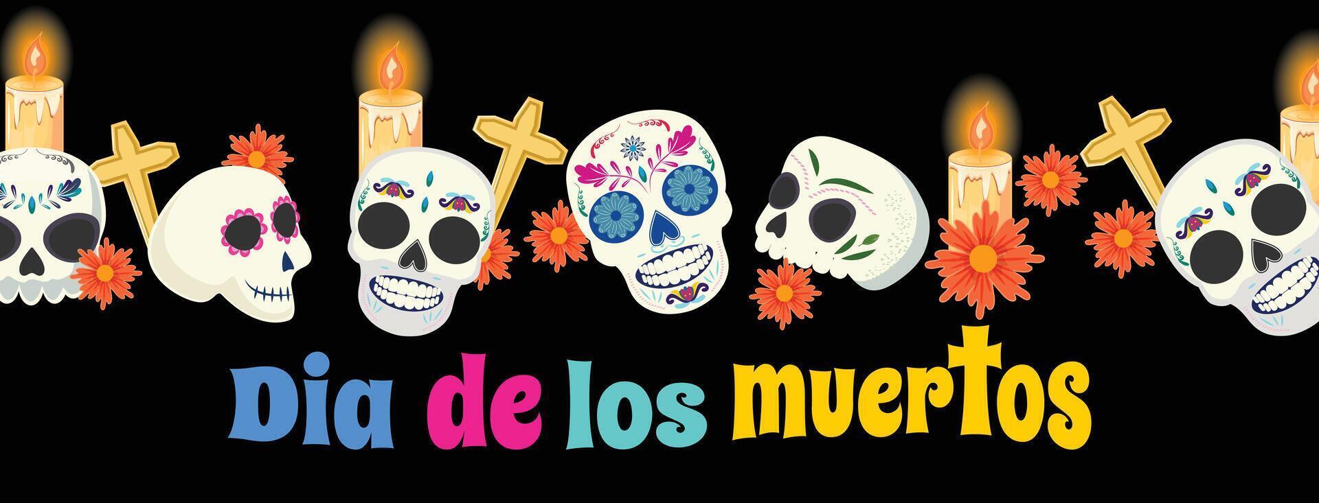 Horizontal Dia de los Muertos banner with skulls, vibrant flowers, candles, and crosses over black vector