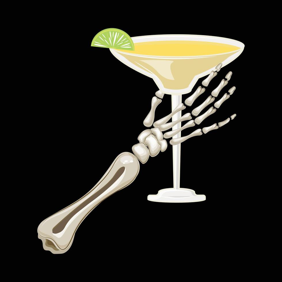 Skeleton hand clutching a margarita with lime, dark backdrop for Halloween or Day of the Dead celebration vector